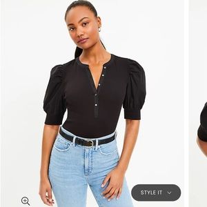 *NEW* LOFT Puff Sleeve Mixed Media Top SIZE M color black